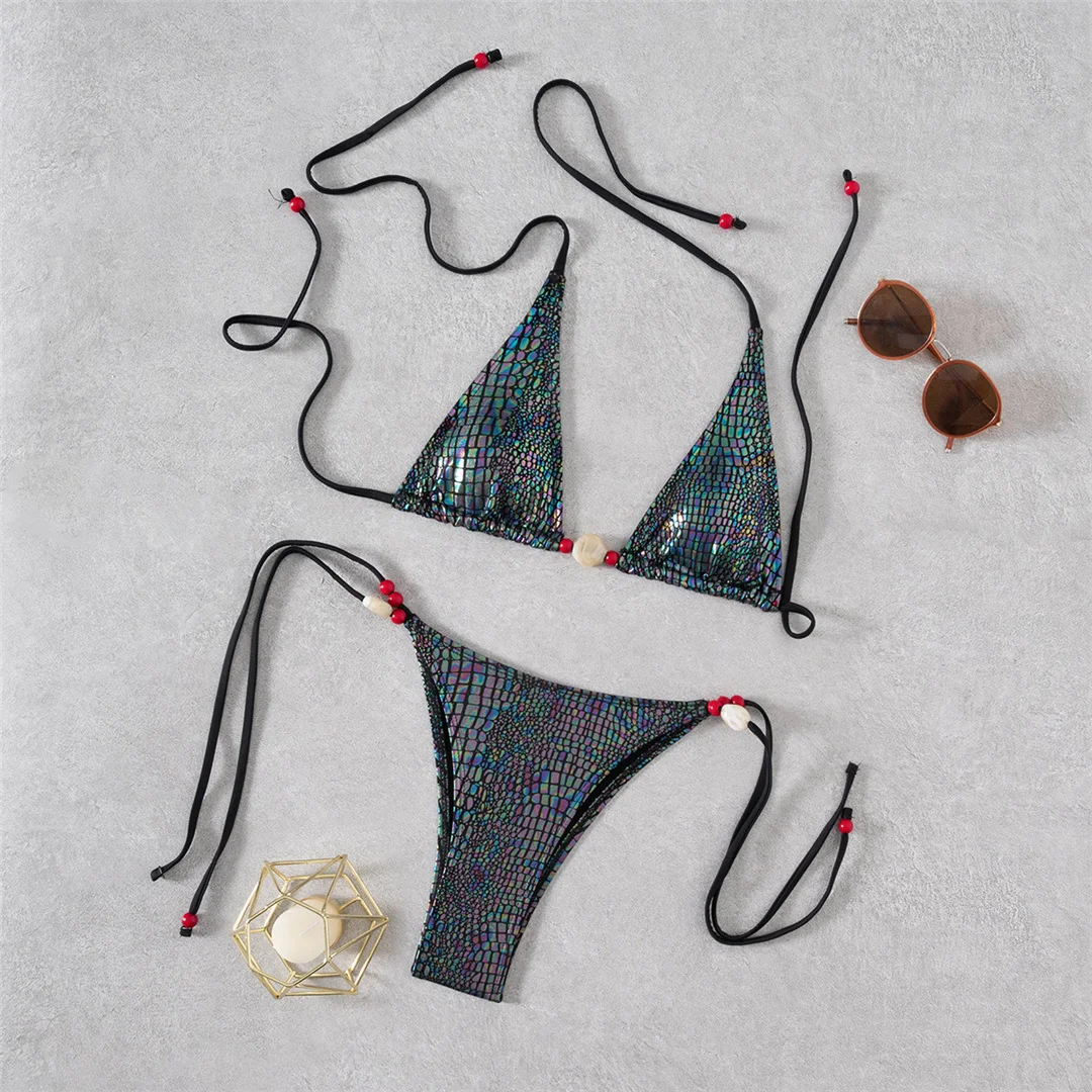 Schlangenhaut-Halter-Bikini, Damen-Badeanzug, zweiteiliges Bikini-Set, Damen-Badebekleidung, hoch geschnittene Beine, mit Trägern, Badeanzug, Schwimmbekleidung V7599 – Detail 3