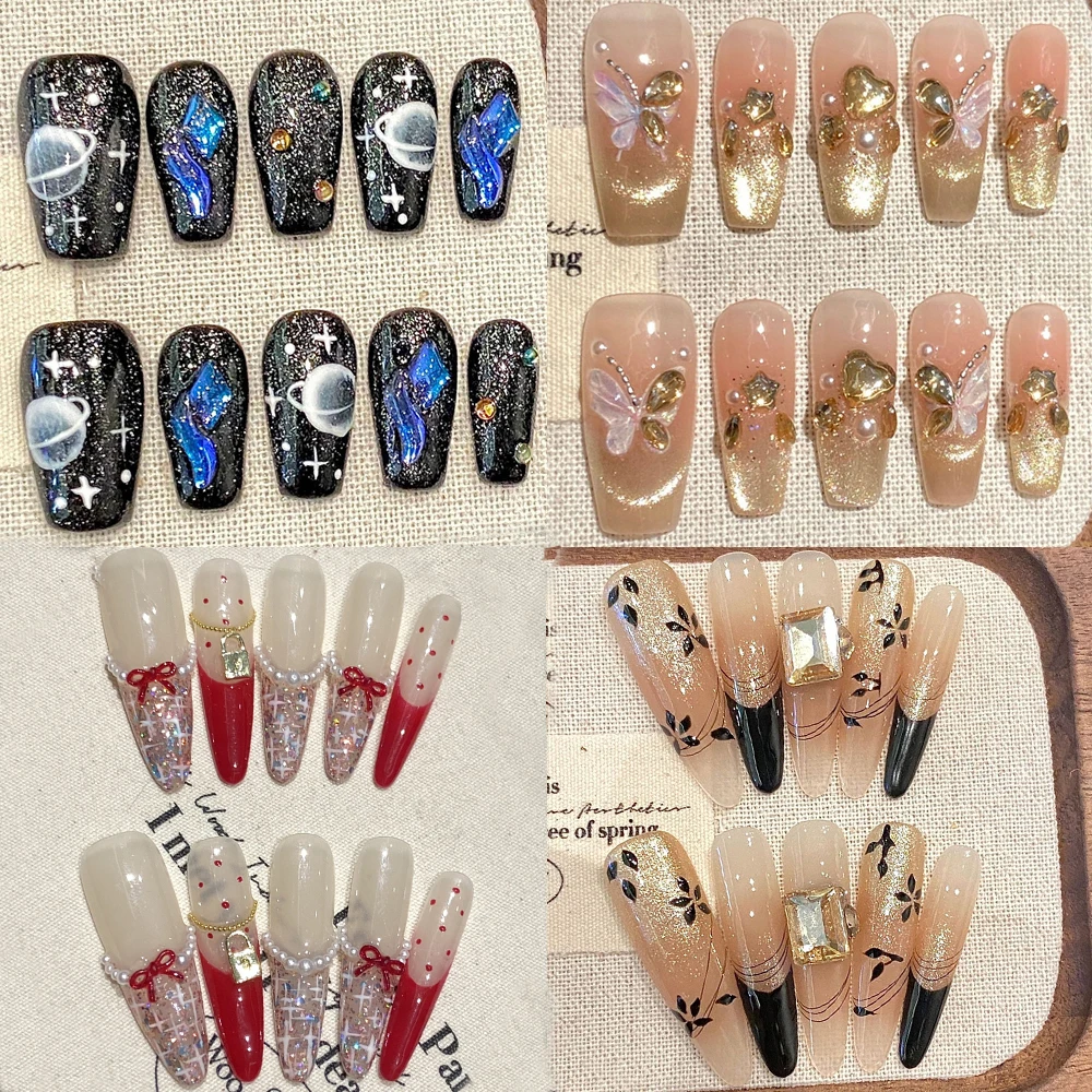 10Pcs French Handwork Shimmery Cat Eye False Nails Bow Pearl Design Gradation Press On Fake Nails Leopard Print False Nails