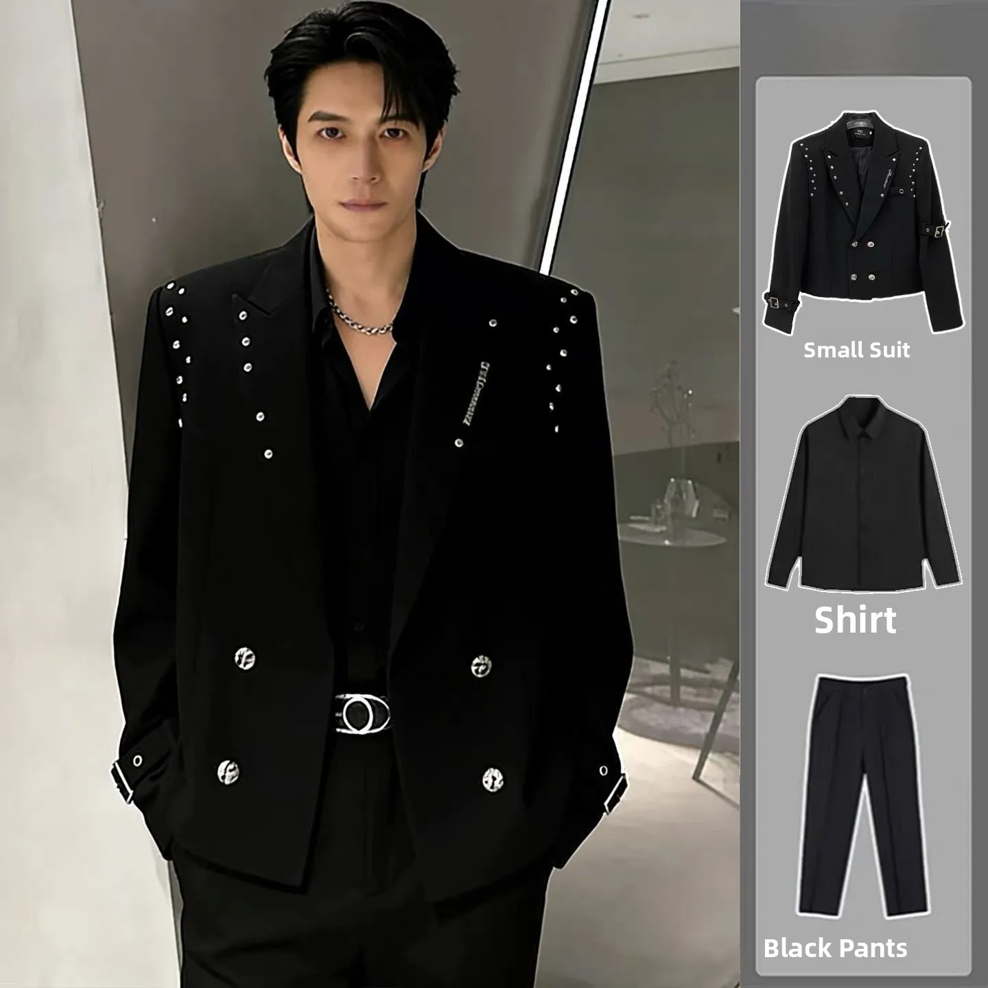 

Metal Rivet Short Suit Jacket Men's Korean Style Button Design Shoulder Pad Korean Version Youth Trend Autumn Fashion Polyest...