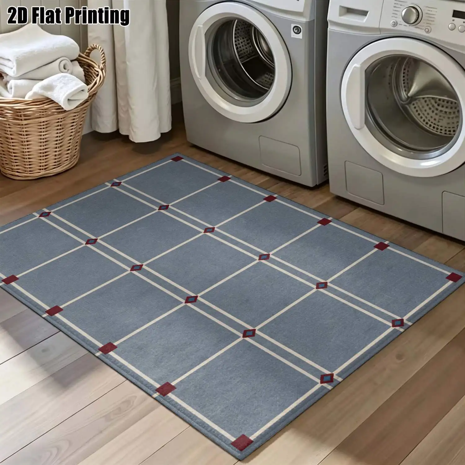1Pc 2D Printed Blue-Grey Geometric Square Carpet, Modern Simple Style for Instagram Home Decor, Multiple Sizes, Machine Washable, Suitable for Entrance, Dining, Foyer, Study, Living Room, Bedroom