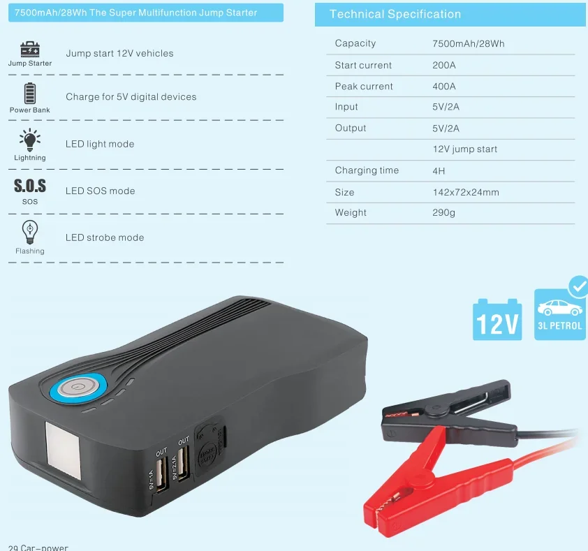 High Performance 7500mAh 5V/2A Magnetic Power Bank With SOS LED Mode Jump Starter Power Bank For Car