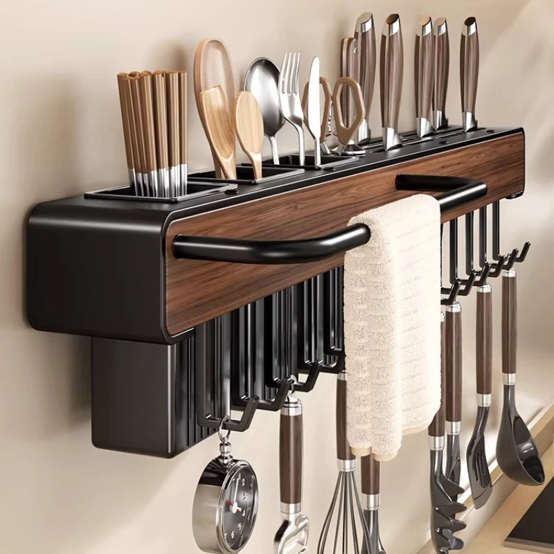 

Kitchen Wood Grain Knife Holder Shelf No Punching Wall Hanging Chopsticks Cage Knives
