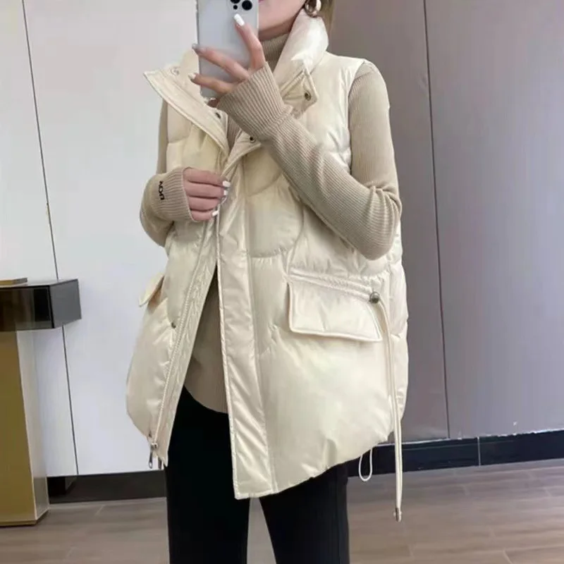 Zipper Cardigan Women Sleeveless Parkas Stand Collar Covered Button Vests Loose Fit Pockets Autumn Parka Solid 2024 Casual