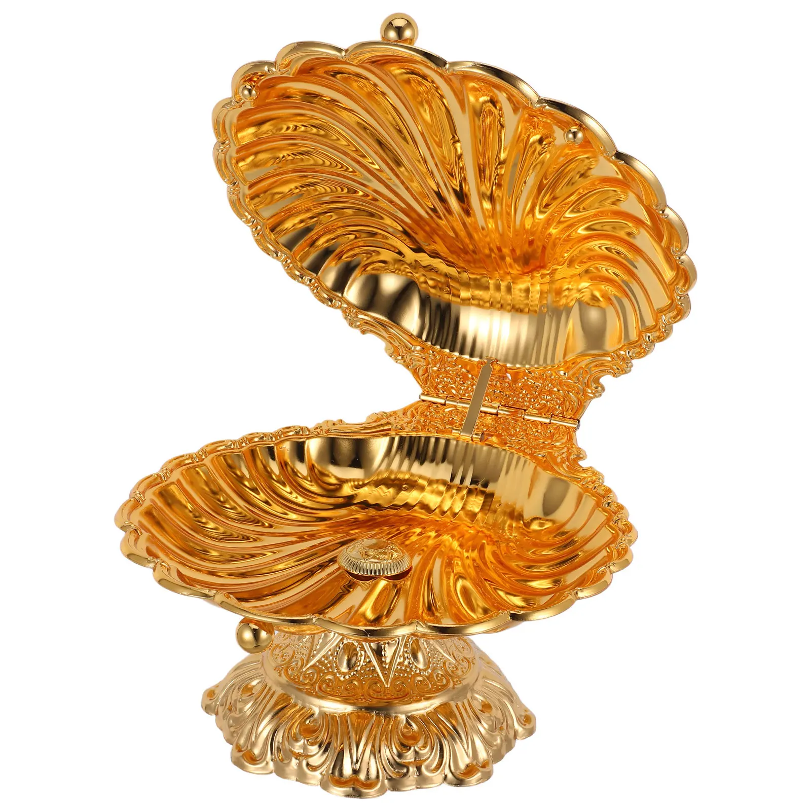 

Pedestal Fruit Bowl: Gold Tone Metal Shell Serving Dish for Table Centerpiece Decorative Snack Holder Counter Display Basket