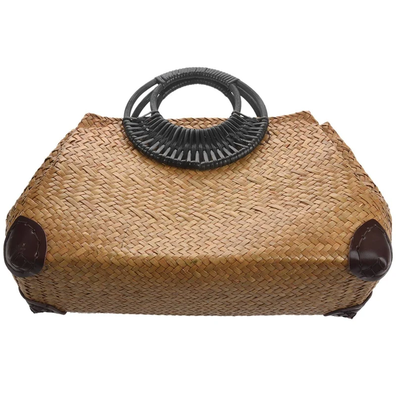 Imagem -04 - Bolsa de Palha Feminino Tecido à Mão com Cabo de Madeira Feito à Mão Estilo Vintage para Viagem Praia Verão