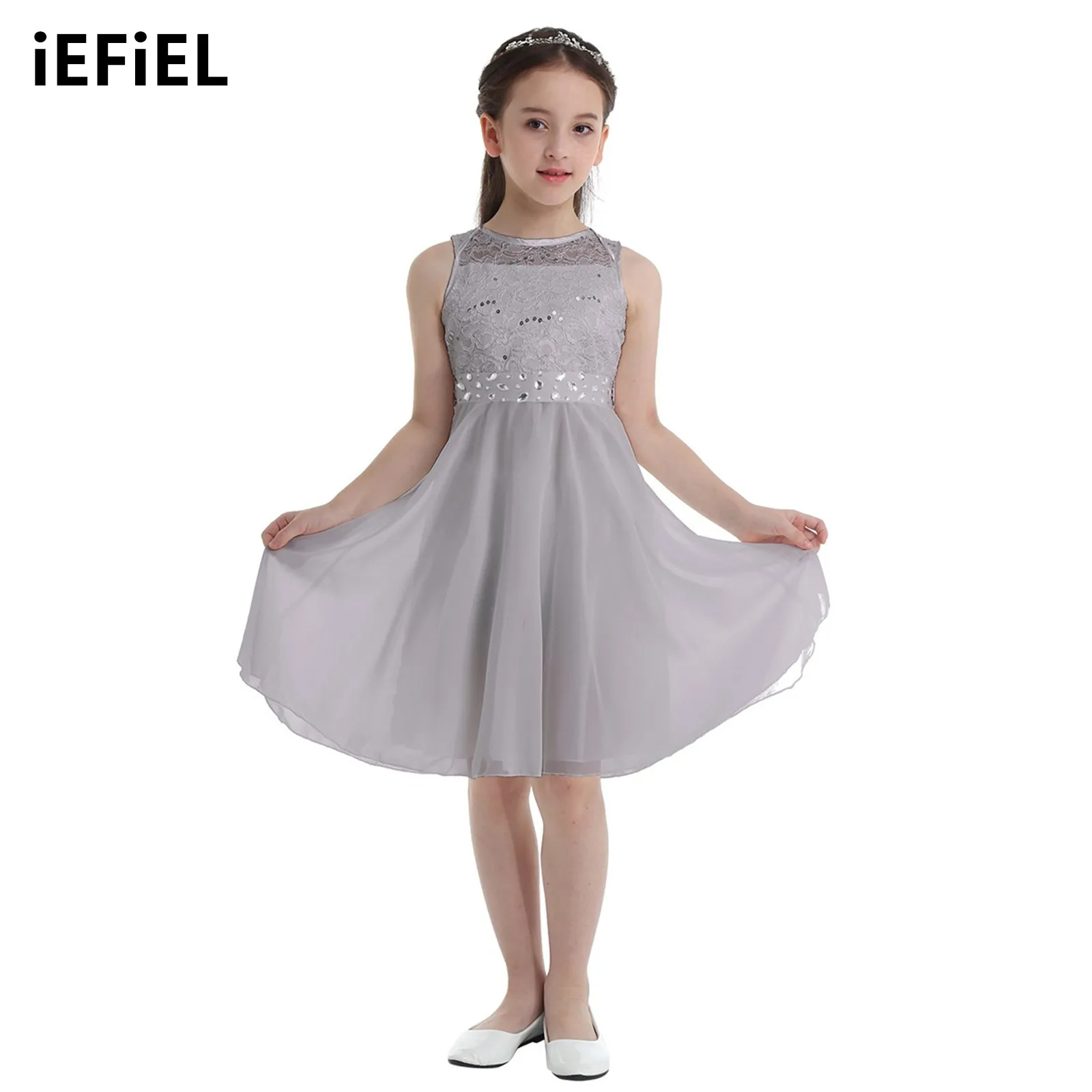 

Girls Flower Formal Dresses Sequined Lace With Chiffon Sleeveless Dress For Princess Pageant Wedding Bridesmaid Birthday Party