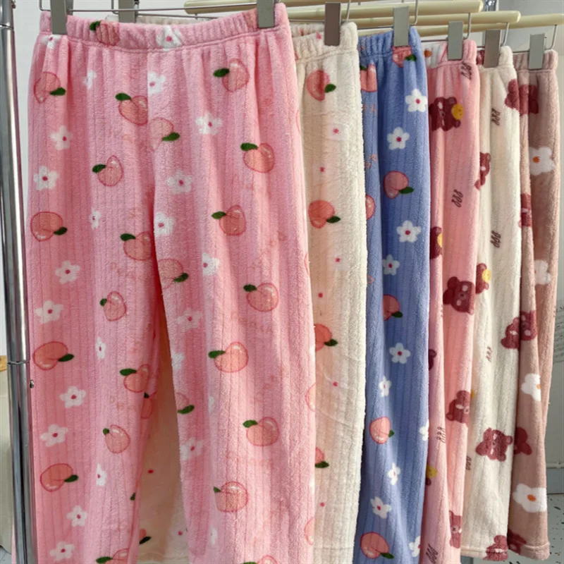 2026 New Women Winter Warm Thick Fleece Lined Pants Loose Coral Plush Outer Wear Sleepwear Cute Pattern Casual Lounge Comfy Cozy