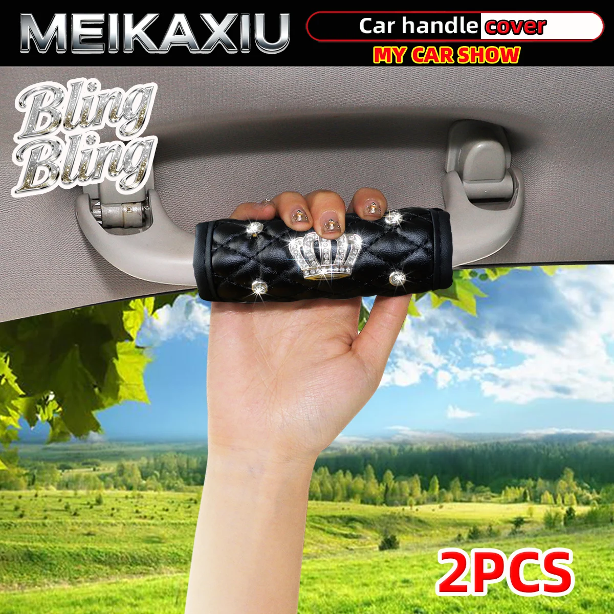 Women's Car Interior PU Soft Leather Handle Grips with Embedded Diamonds Glittering Effect for Decoration HANDLE COVER