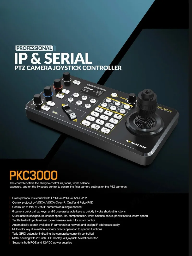 PKC3000 4D 2.2-inch LCD Display Professional IP Pan Tilt Keyboard Controller and Serial Pan Tilt Camera Joystick Controller