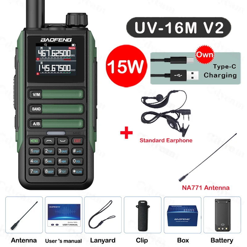 Upgrade Baofeng UV16M V2 Walkie Talkie 15W Hoge capaciteit AM FM 2-weg radio Volledige band LCD 999CH Frequentie Kopie NOAA Ruisonderdrukking