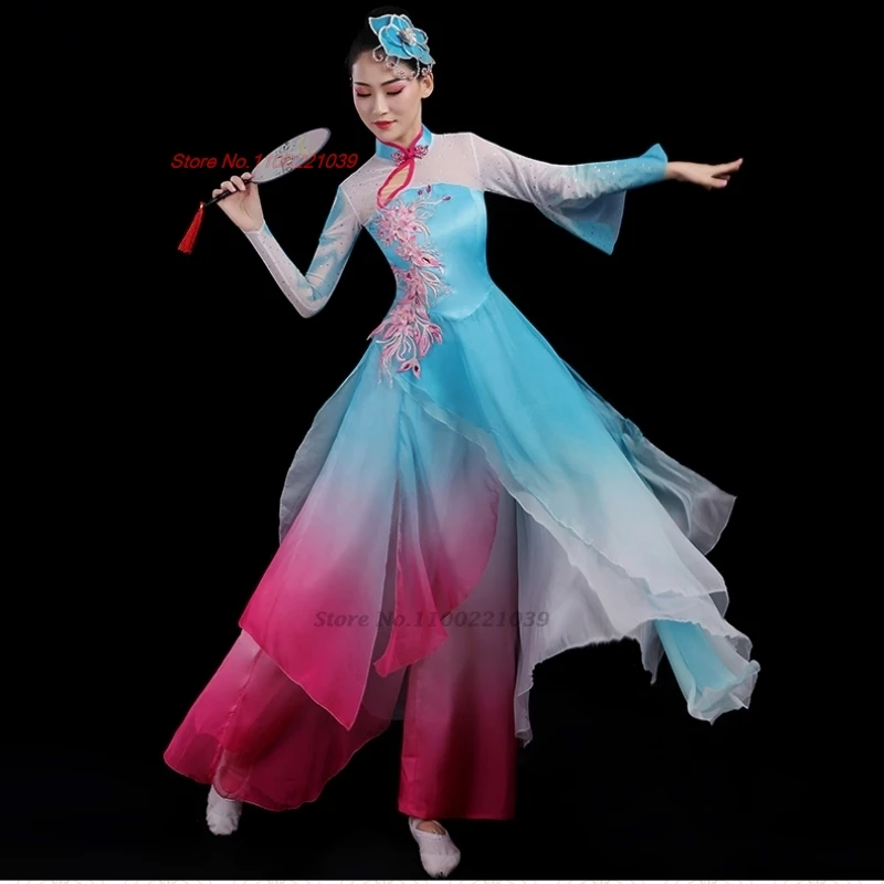 2024 chinese vintage dance costume national flower embroidery qipao tops+pants set stage performance folk dance suit qipao dress