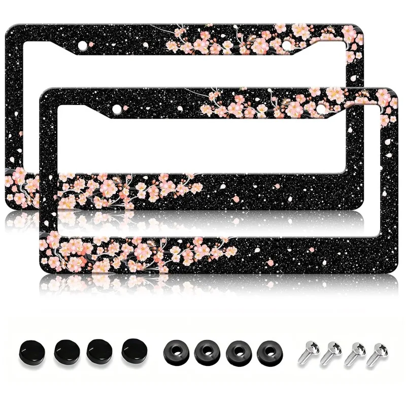

2D Flat License Plate Frame Set Aluminum Black Stardust Cherry Blossom Pattern Includes Screws and Washer Romantic and Unique