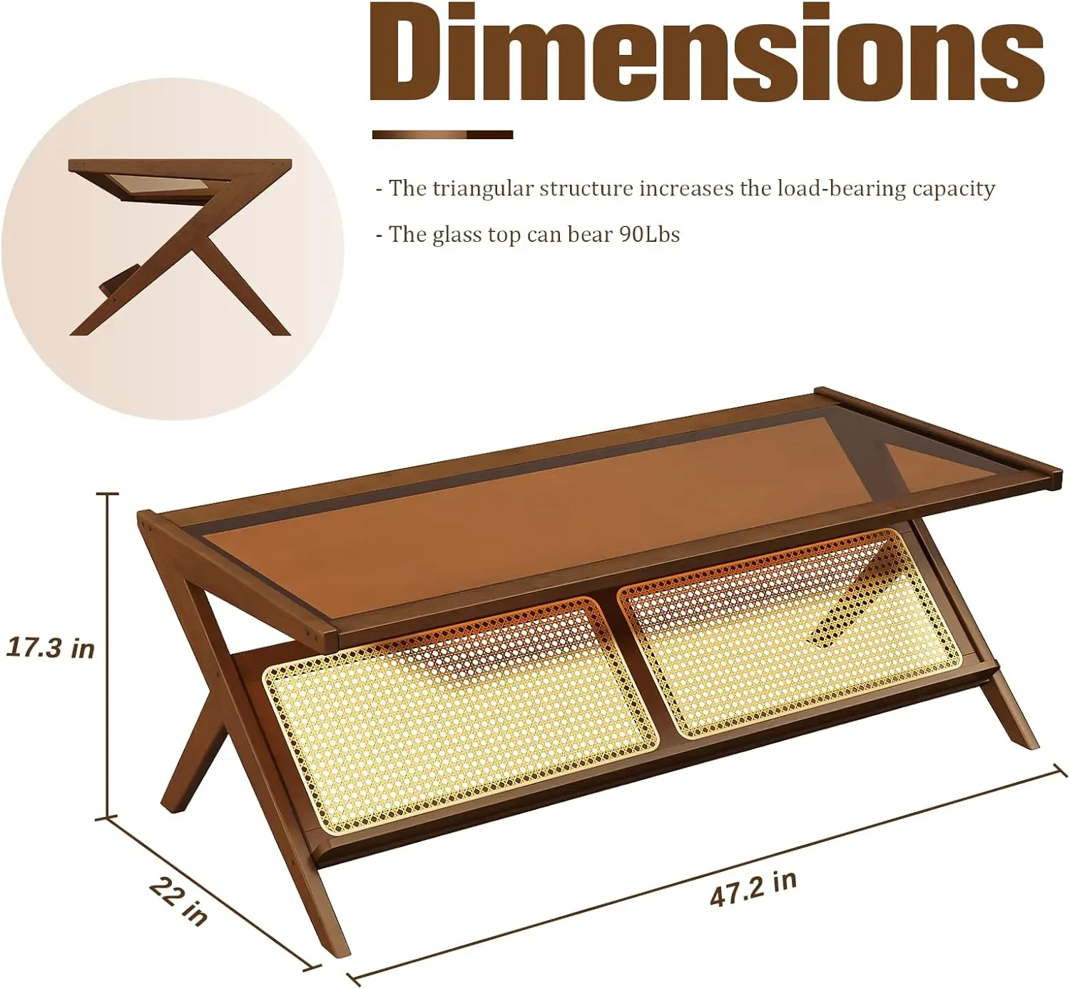 Mid-Century Modern Coffee Table with Glass Top Rattan Center Table with Storage for Living Room Table Brown