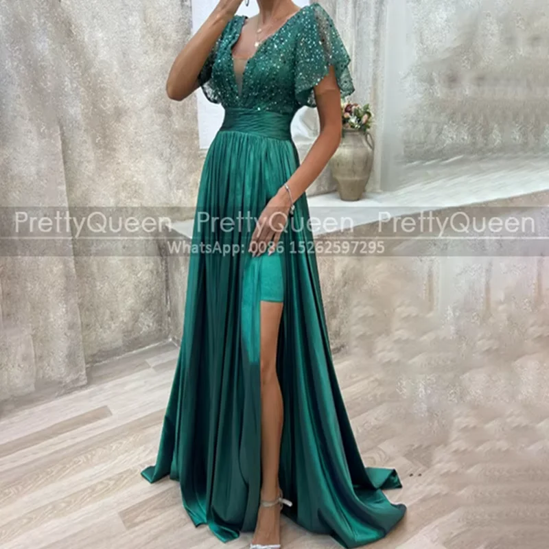 

Customized Pleat A Line Bridesmaid Dresses With Short Sleeves Sequins High Slit V Neck Women Long Wedding Party Dress