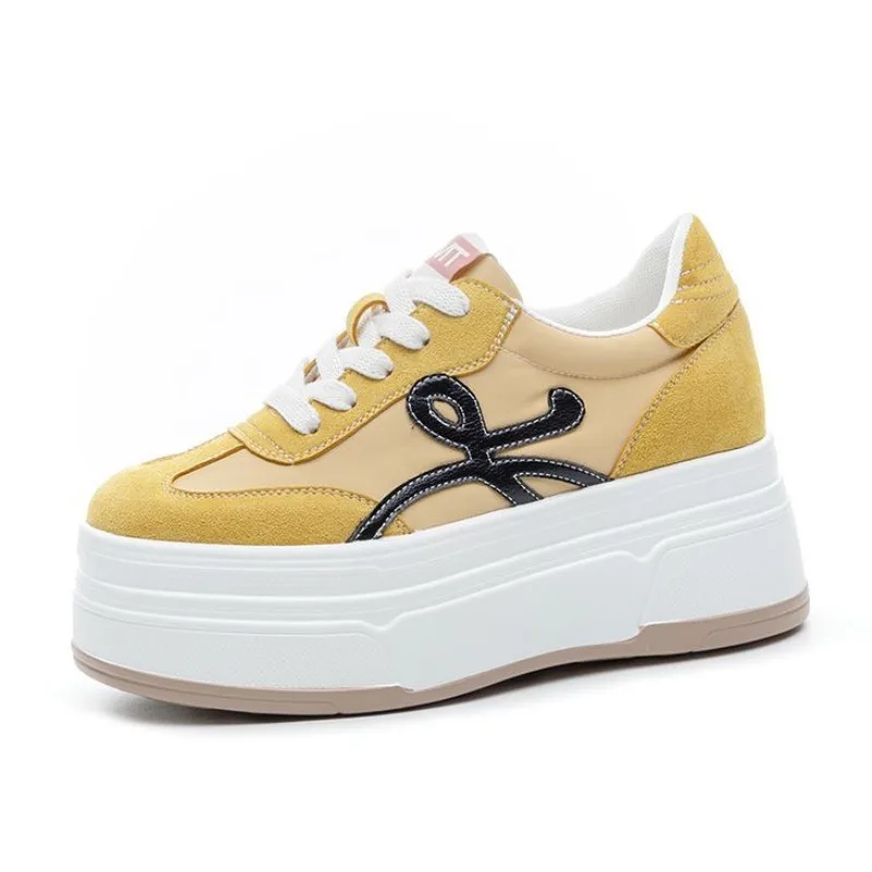 

8.5CM Mesh Genuine Leather Summer Chunky Sneakers Breathable Hollow Casual Platform Wedge Spring Autumn Women Vulcanize Shoes