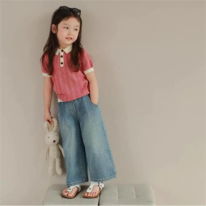 Girl Clothes Kids Clothing Summer Baggy Multi-pocket Elastic-waisted Jeans Wide-leg Pants Girls Pants For 3-7 Years