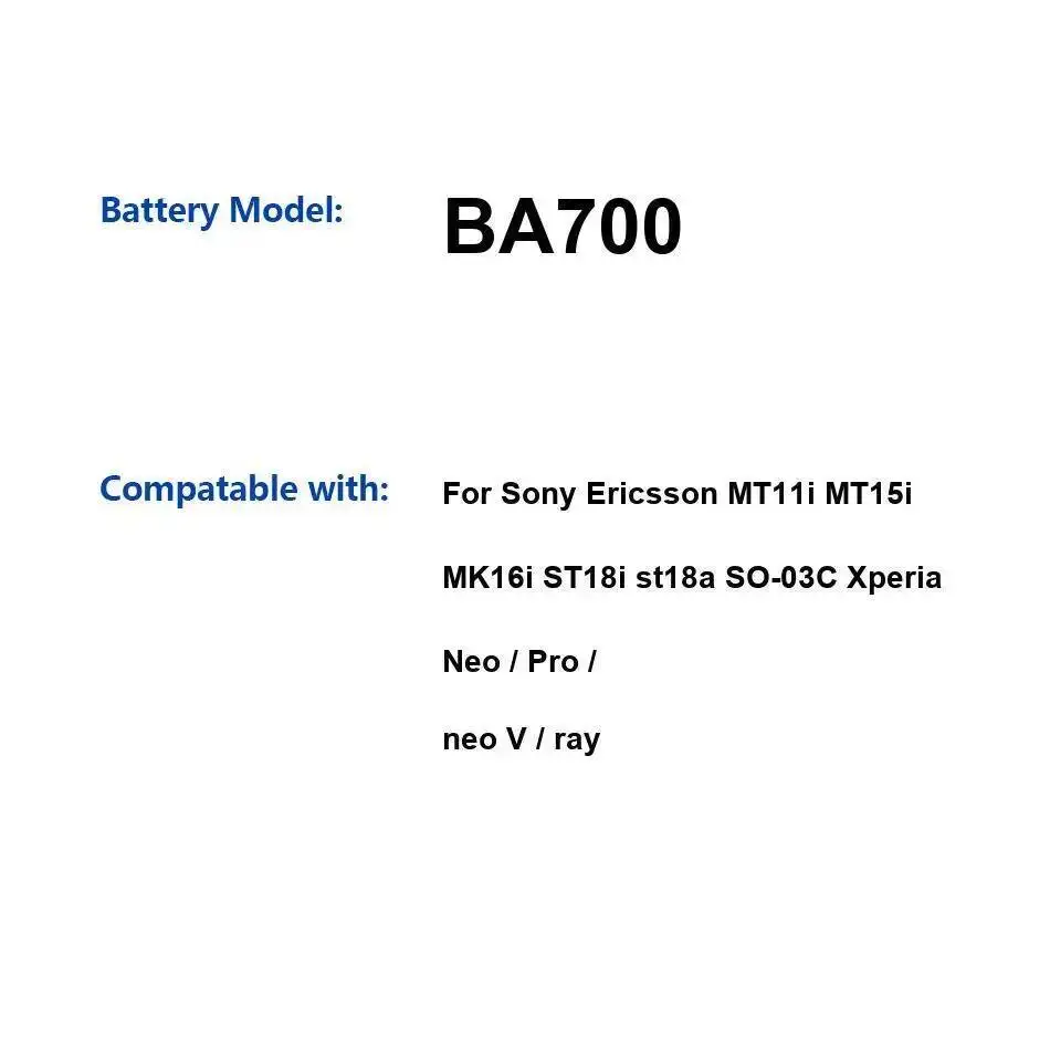 

Аккумулятор для мобильного телефона BA700 1500 мАч для Sony Ericsson Mt11i Mt15i Mk16i St18i St18a SO-03C Xperia Neo Pro V Ray