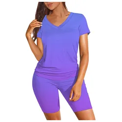 Ladies 2024 Casual Sport Suit Women Tracksuit Two Piece Outfits For Summer Short Sleeve V Neck Biker Shorts Set Femme Outwear