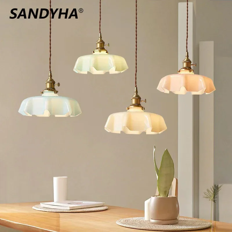 SANDYHA Retro Cream Style Pendant Lights Copper Glass Bedside Led Chandelier Lamps for Bedroom Dining Room Table Kitchen Lampara