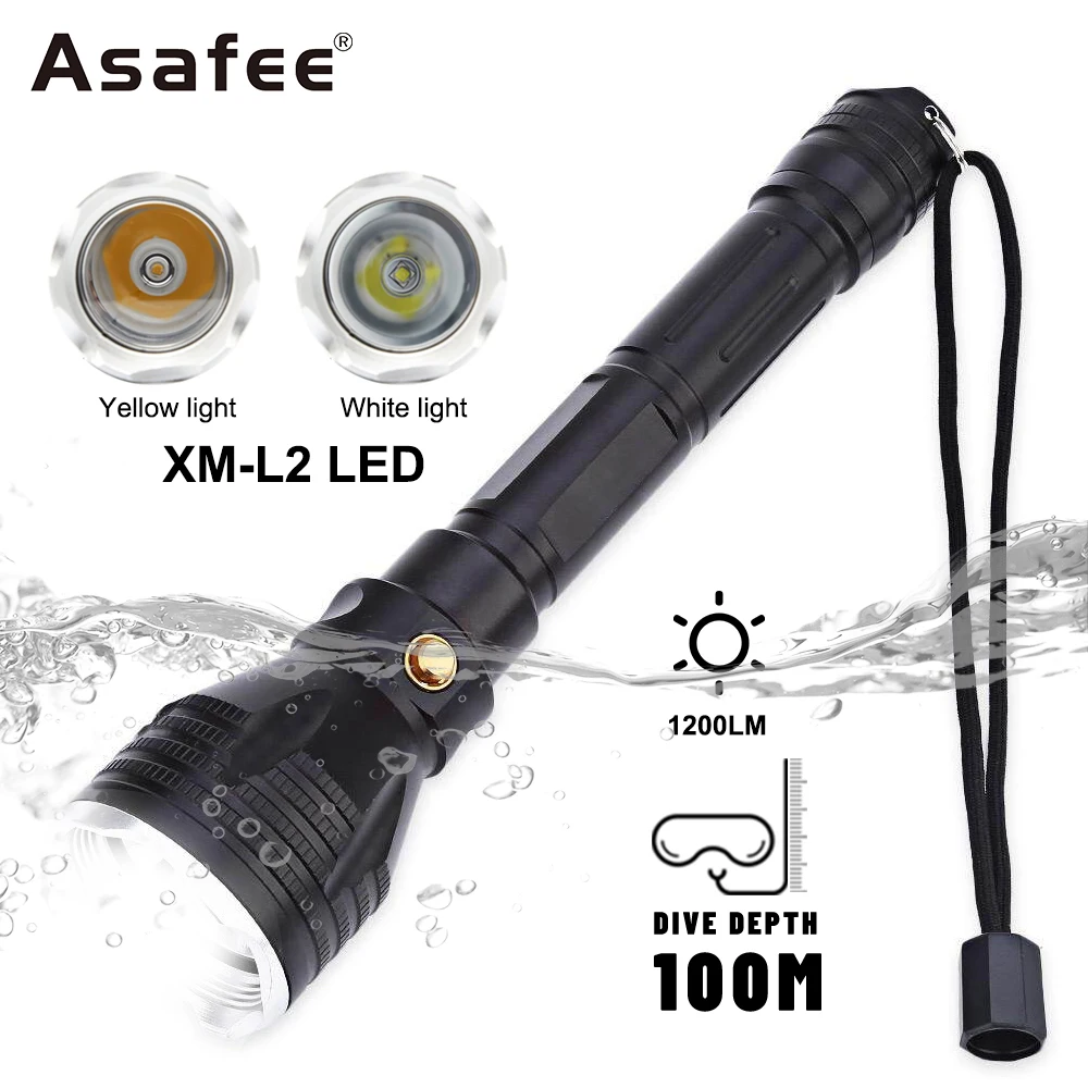 Asafee 100M Underwater 1200LM Yellow/White Light L2 LED Diving Flashlight Waterproof Torch Press Switch Scuba Lantern