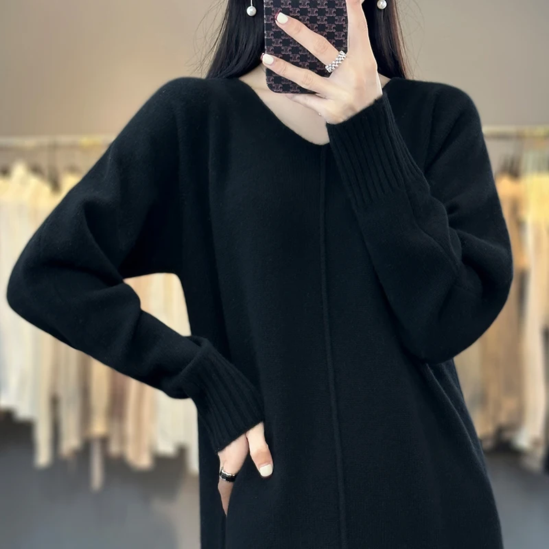 100% Pure Cashmere Knitted Dress Women\'s Loose V-neck mid-Length Over The Knee Sweater Cashmere Sweater Base Skirt