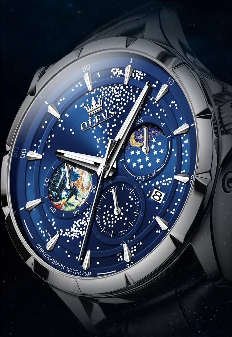 OLEVS Top Class Men's Quartz Watch Fashion Luxury Moon Phase Starry Sky Date Multifunctional Waterproof Luminous Men's Watch