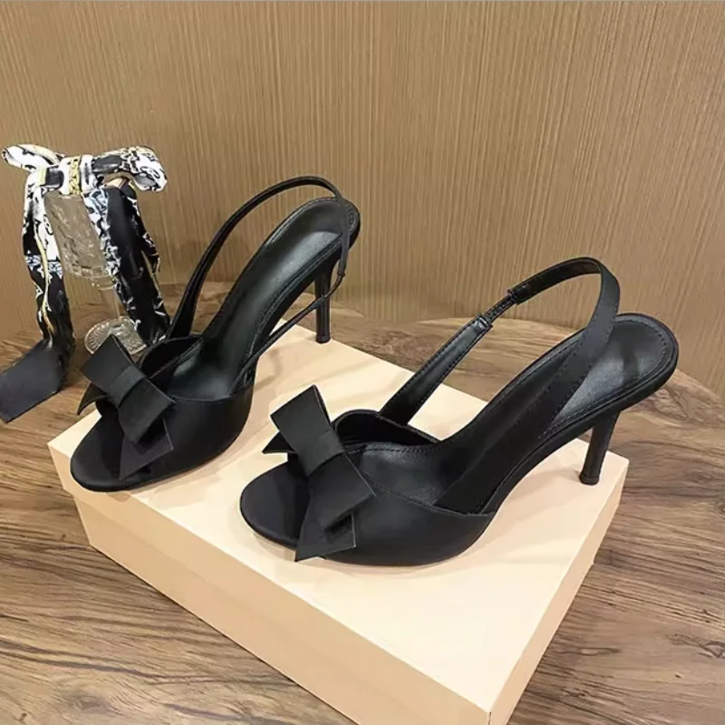 

Fashion One-step Back Strap Single Shoes Elegant Open Toe Bow Stiletto Sexy Slingback High Heels All-Match Banquet Women Sandals