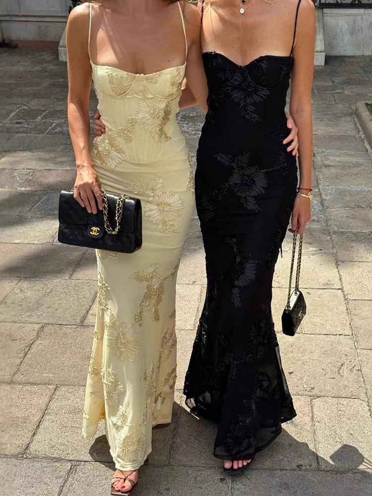 French backless solid color elegant temperament evening dress suspender dress flower high-end banquet wear slim dress. - view 2