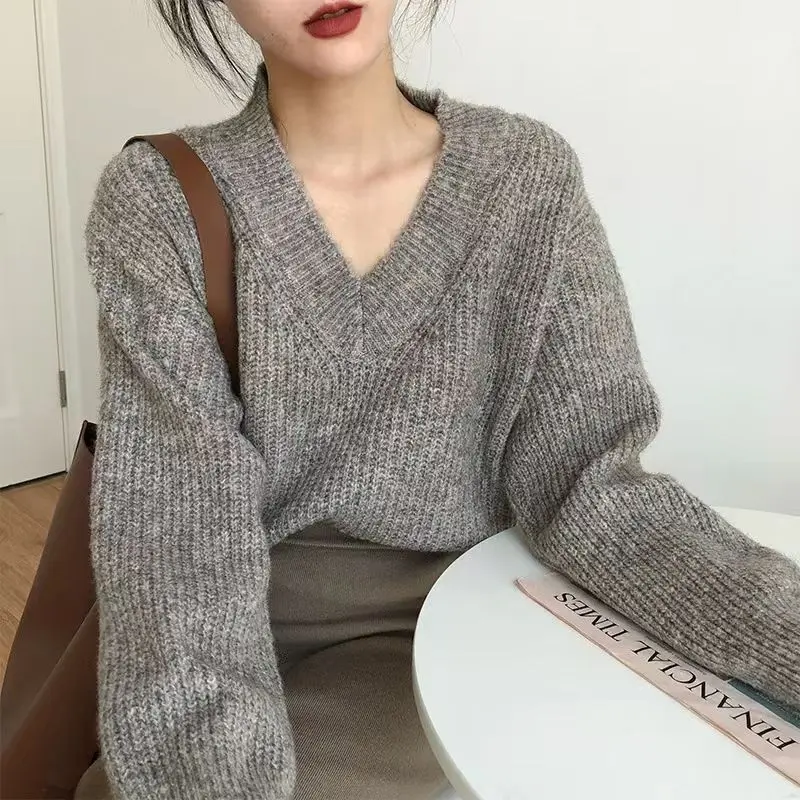 Grey V-neck Knitted Top For Women White Pullover Ladies Sweaters Cheap And Elegant Hot Offers Long Sleeve In Promotion Modern