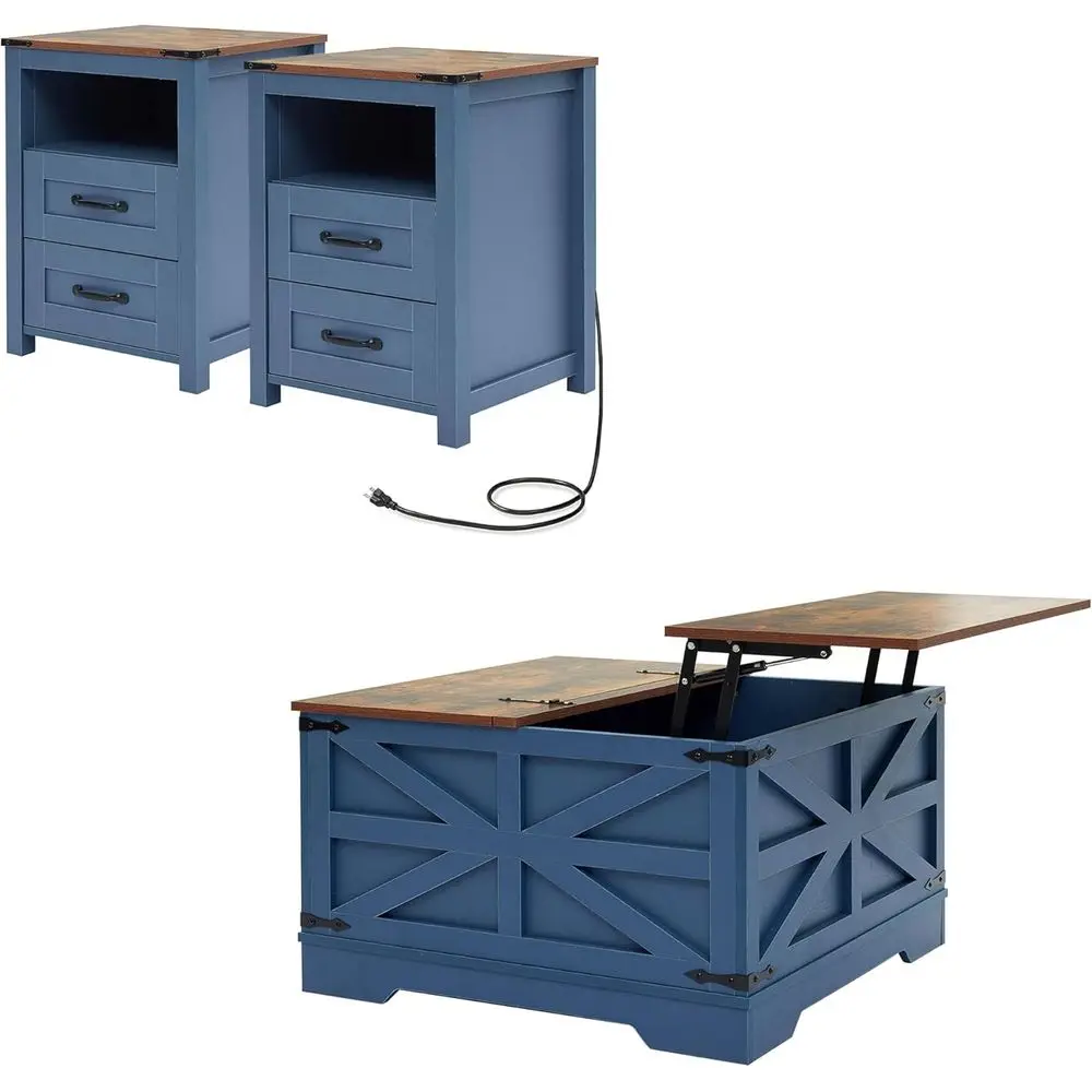 

armhouse Coee Table Set o 3, Lit Top Coee Table with Sliding Barn Doand Nightstands Set o 2 with Charging Station, Living Room T