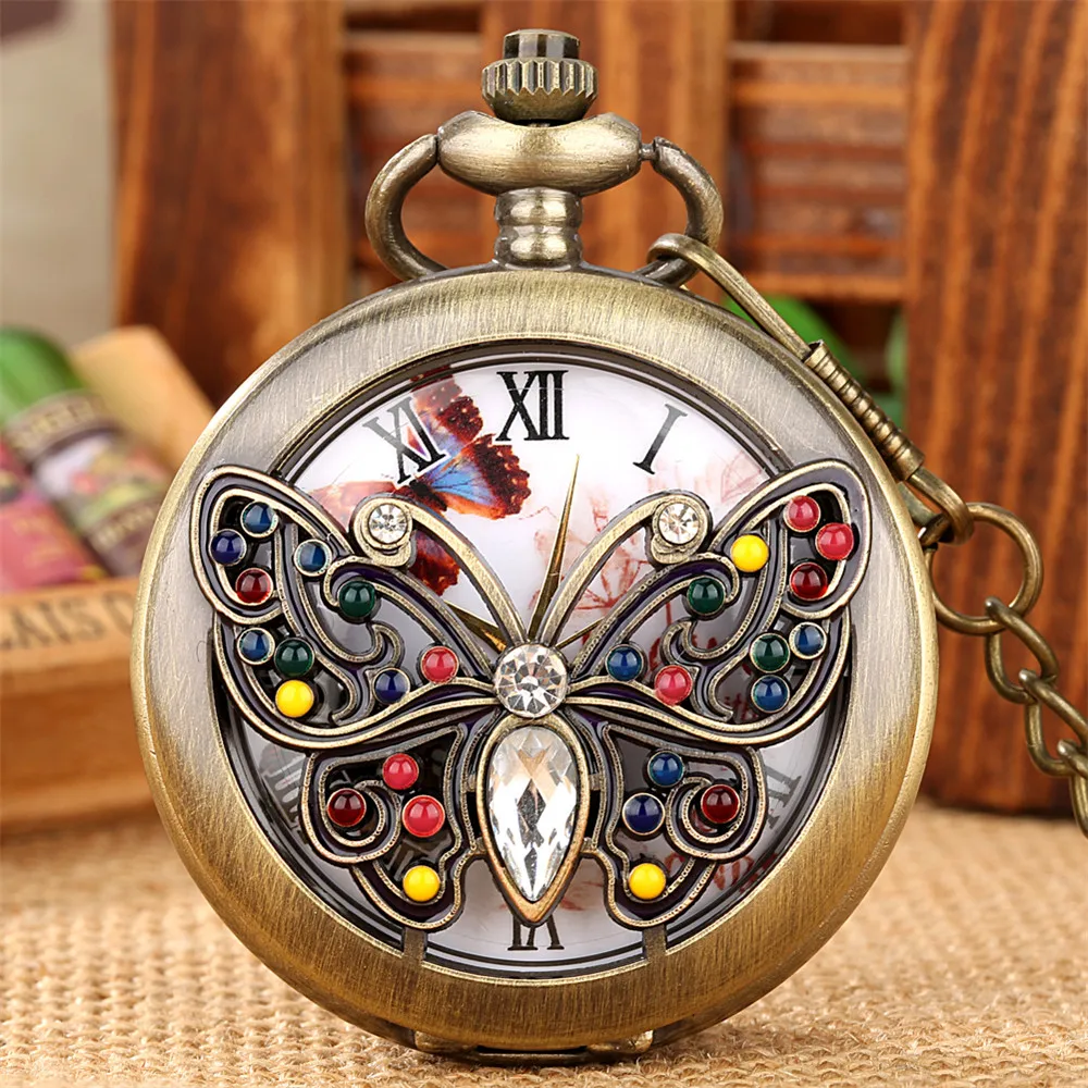 Vintage Elegant Butterfly Necklace Pocket Watch for Women Quartz Movement Retro Chain Pendant Antique Fashion Pocket Timepiece