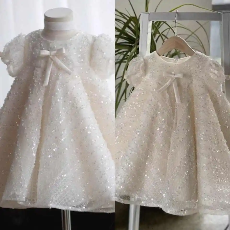 Exquisite Sequin Lace Flower Girl Dress Puff Short Sleeve Satin Bow Loose A‑Line Kids Baptism Wedding Party Gown Customized