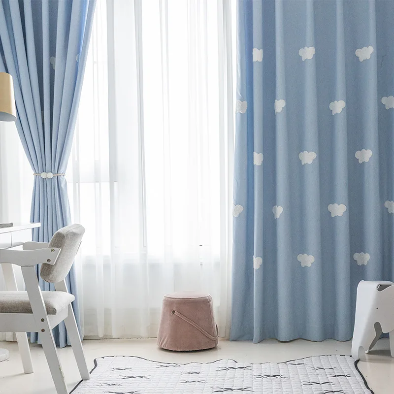Embroidered Cloud Blue Curtains Blackout  Thickened Screen for Bedroom and Living Room Custom Size Luxury Fashion Elegant