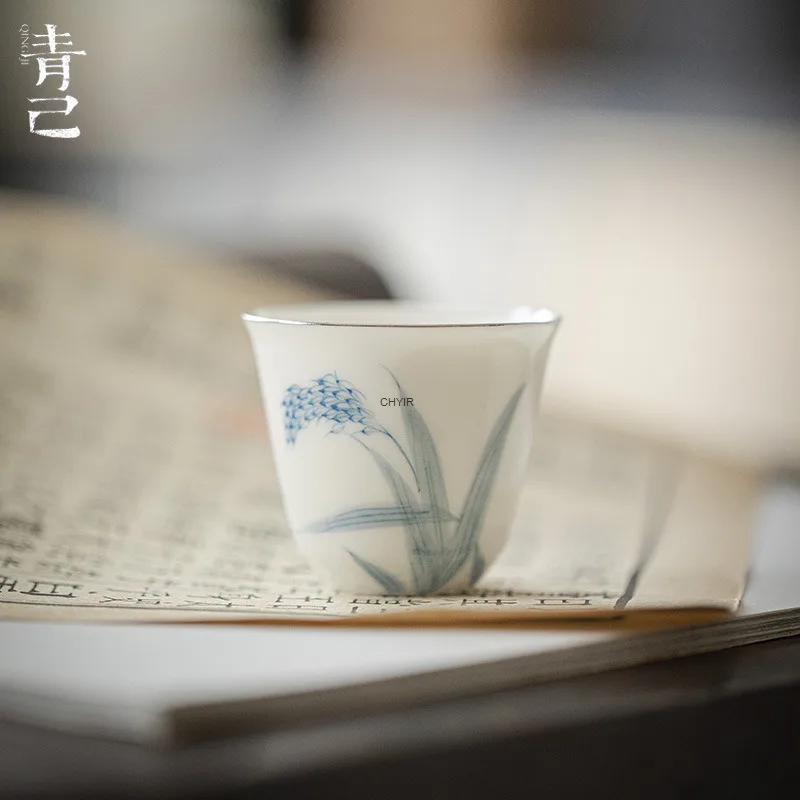 

Jade Clay Blue and White Hand-painted Tea Cup Kung Fu Tea Set Ceramic Single Cup Su Ping An Wang Shu Tea Cup