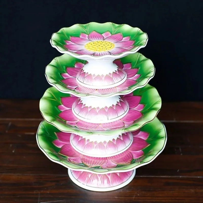 Lotus Offering Plate High Footed Fruit Platter on The Ceramic Altar of The Buddhist Temple, A Guanyin Fruit Dish Is Offered