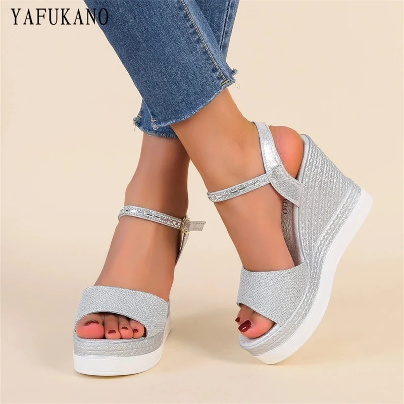 Glitter Ankle Strap Wedge Sandals Silver Party Wedding Shoes Fashion Platform High Heels Open Toe Women Pumps Small Size 33