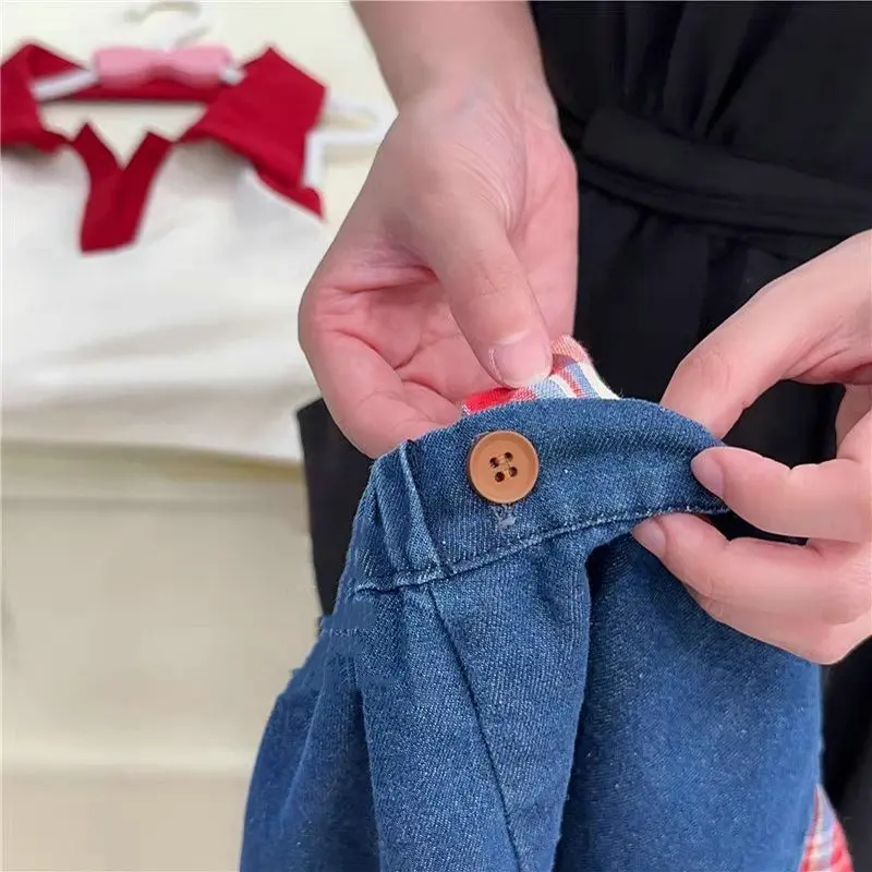 New Arrival  Baby Girls\' Clothes Suit Sleeveless Tops + Kids Checked Denim Skirts Summer Fashion Children Clothing Set for 2024