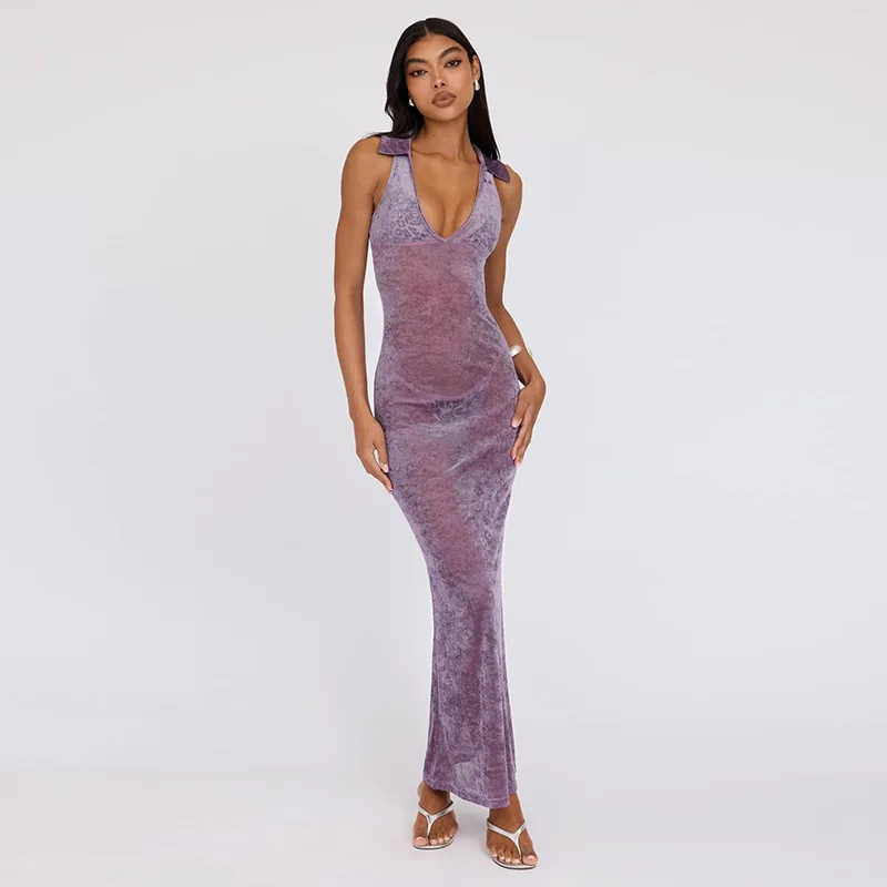 Deep-V Neck Net Sheer Women's Homecoming Dress Sleeveless High Waist Bandage Skirt Long Purple Party Gown New Arrival In Stock