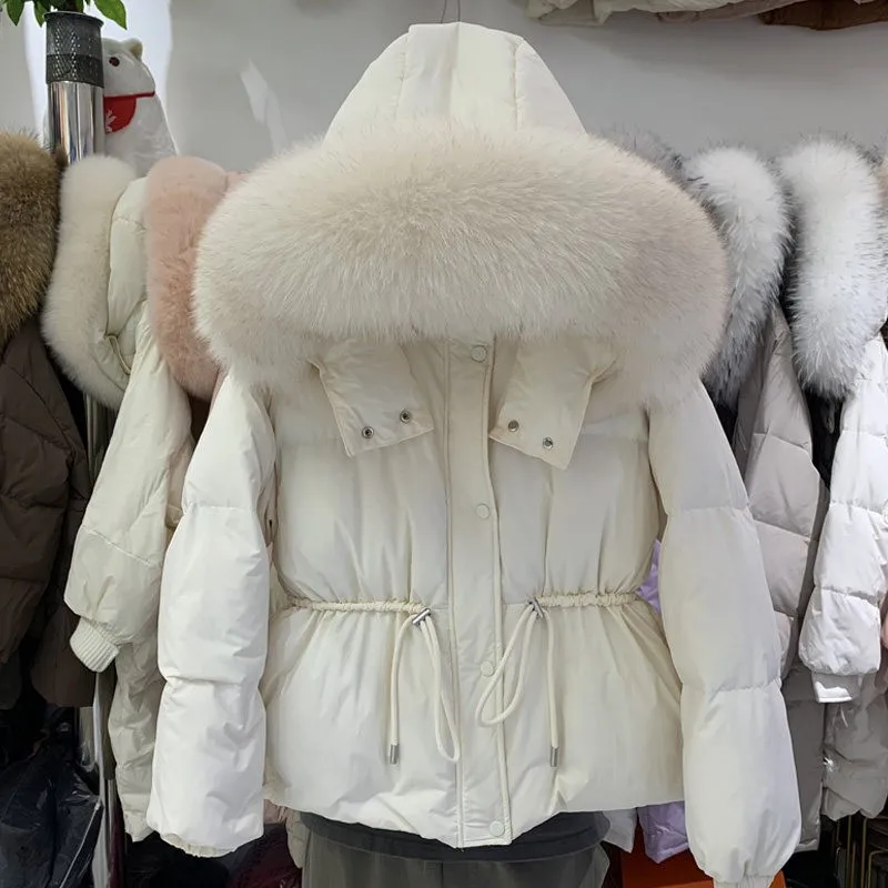Inverno puffer jaqueta feminina grande pele de guaxinim natural 90% pato para baixo casaco feminino grosso quente faixa amarrar parkas à prova dwaterproof água