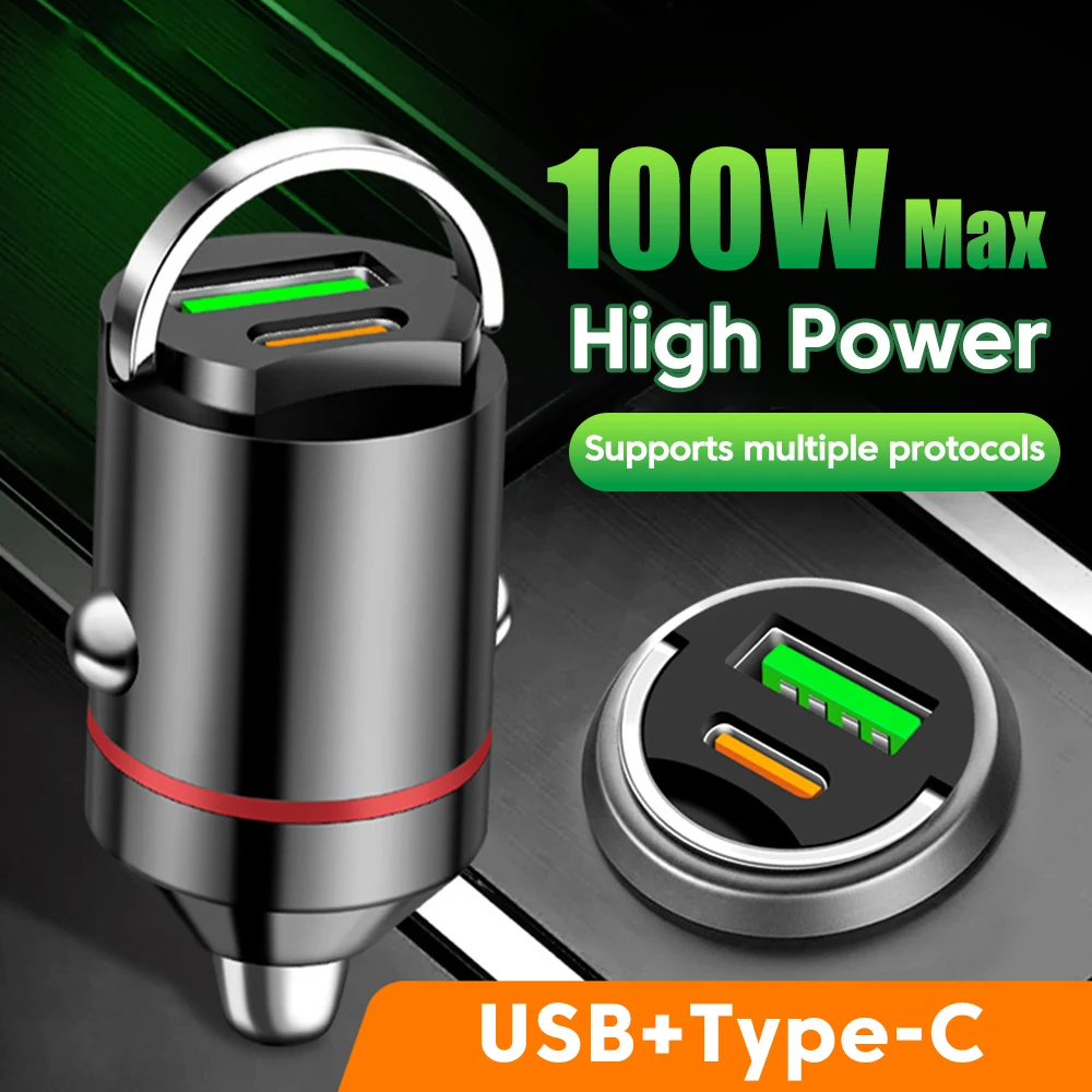 Olaf 100W Pull Ring Car Charger PD QC3.0 Fast Charging USB Type C  Car Phone Charger Adapter For iPhone Xiaomi Samsung Huawei