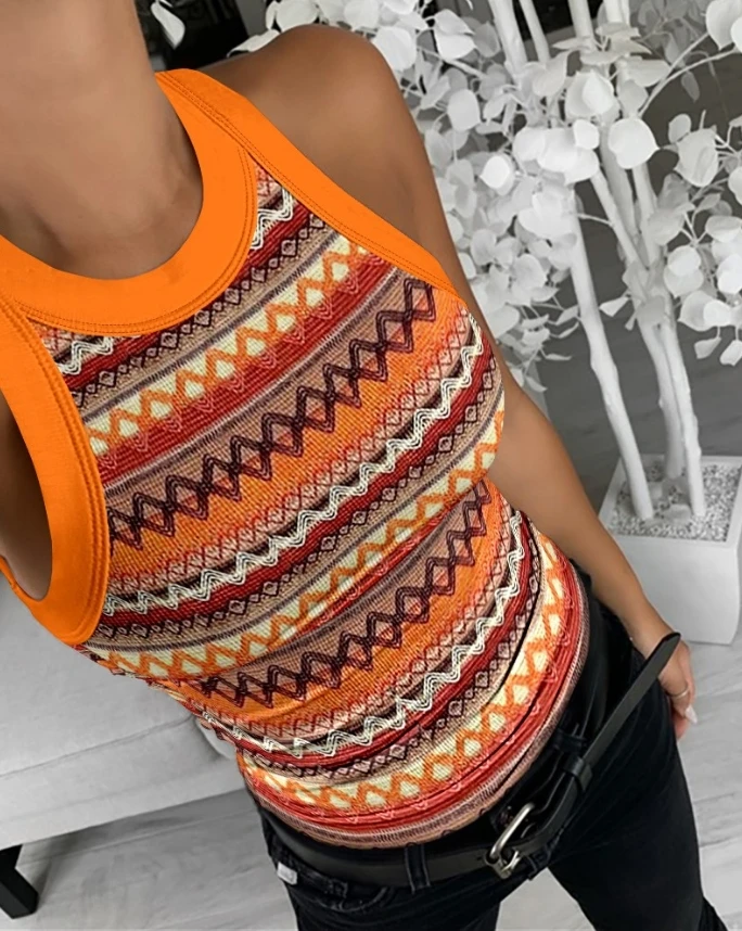 

2024 New Fashion and Casual Geometric Pattern Printed Orange Contrast Edge Round Neck Tight Sleeveless Tank Top for Outwear