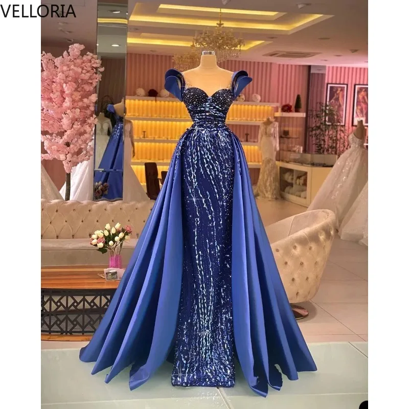 

Королевское синее вечернее платье с пайетками и русалкой, элегантное бальное платье со съемным шлейфом и открытыми плечами, вечернее платье, Vestdos De Fiesta, индивидуальное