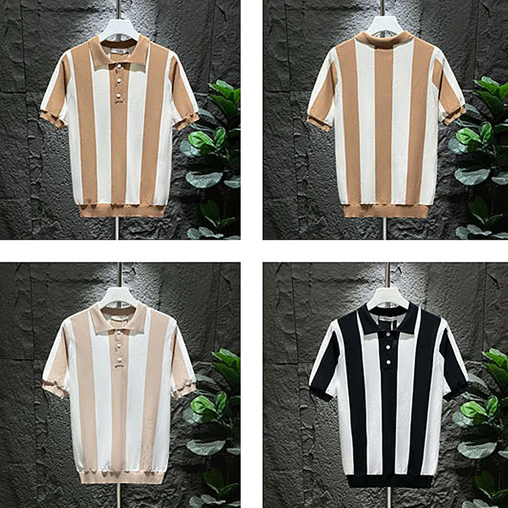 Mens Polo Shirt Summer Ice Silk Cool Feeling Retro Striped Short Sleeve Mature T-Shirt Youth Men's Slim Leisure Trend Tops 2023