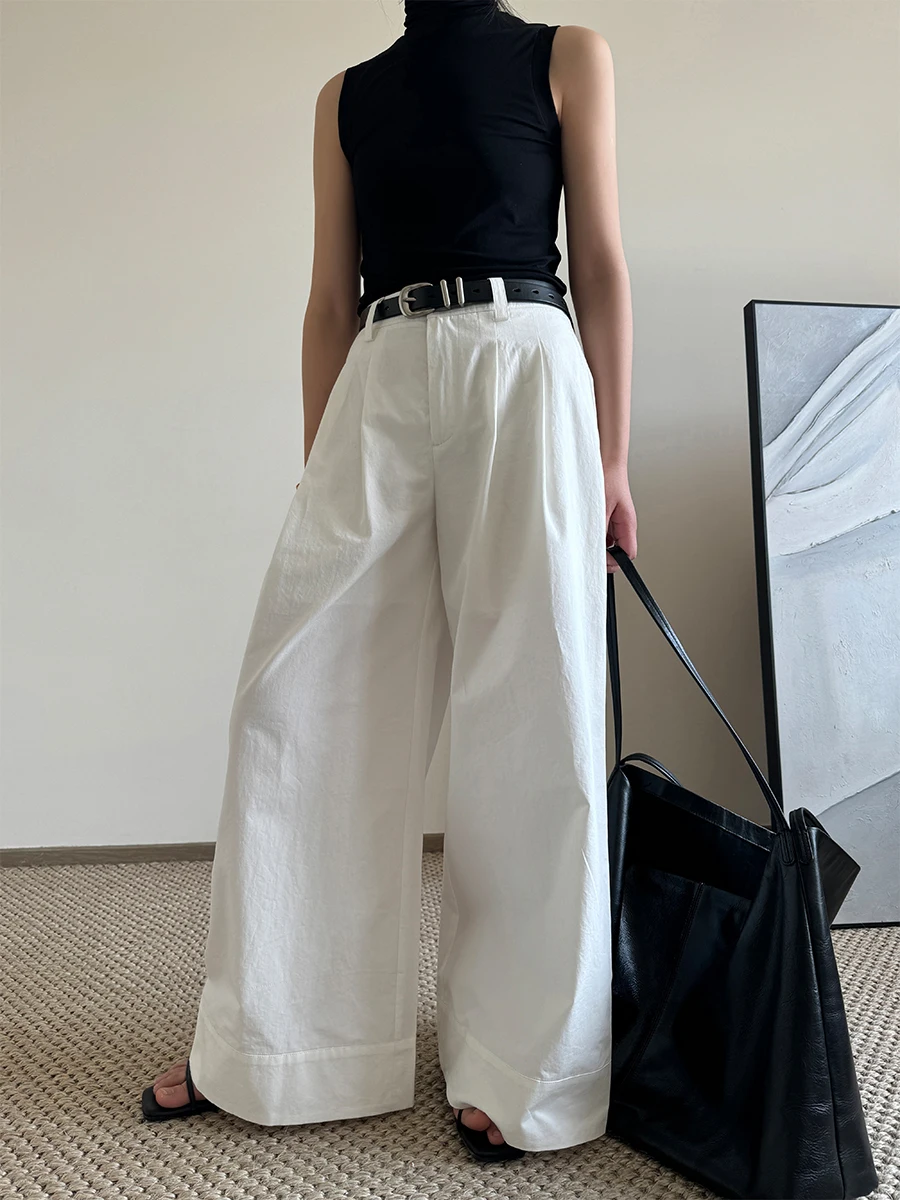 

Скандинавские длинные бархатные хлопковые повседневные широкие брюки с высокой талией, чистый белый дизайн с высокой дугой, модные женские брюки для поездок на работу