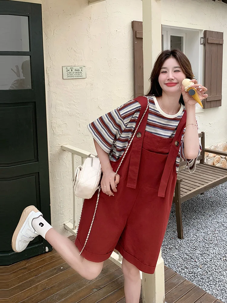 

Американский комплект комбинезонов в полоску в стиле ретро, женская летняя рабочая одежда небольшого размера, комбинезон из двух предметов, круглый пуловер Ne