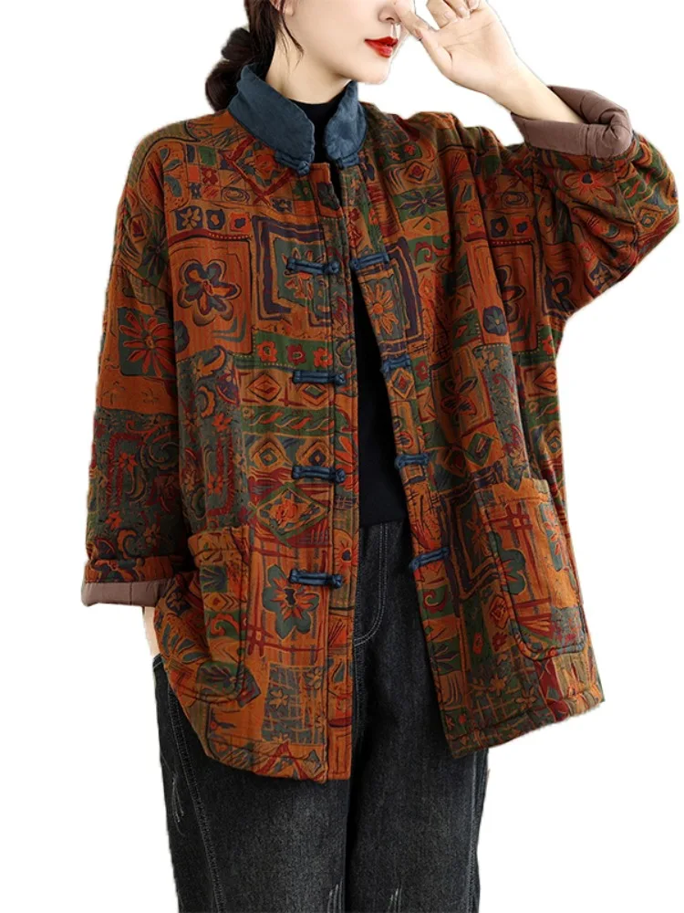 Thickened Cotton Jacket National Style Floral Print Button Women's Winter Middle-Length Thickened Cotton Clothes Retro Color ...