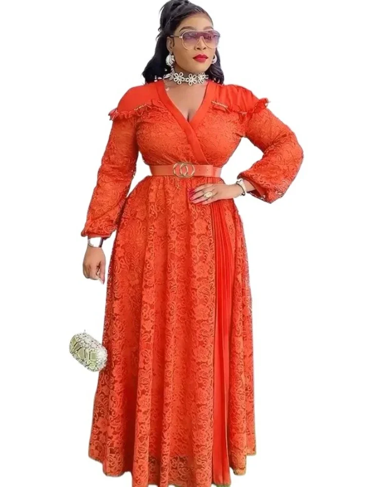 Elegant African Dresses for Women 2026 New Summer Fashion Africa Clothing Plus Size Muslim Lace Evening Party Long Dress