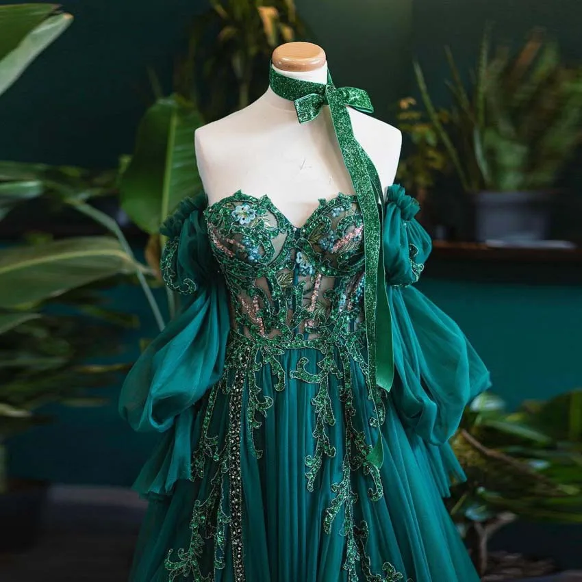 Emerald Green Dresses Prom Gown Sequin abiye gece elbises Beaded Prom Gowns Tulle Long Sleeve Princess Photoshoot robe de soiree