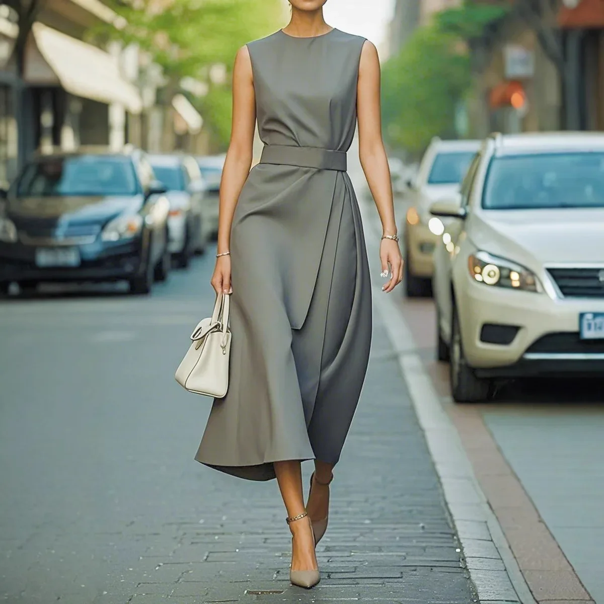 Moda damska plus size Bez rękawów Okrągły dekolt Sukienka w jednolitym kolorze Biurowe damskie Slim Fit O-neck Casualowa długa sukienka dla kobiet