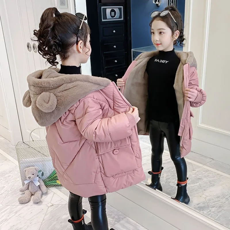 Girls Hooded Plus Velvet Thicken Outerwear Winter Warm Coats Parkas Jacket Cute Solid Down Jackets Kids Casual Clothes 2024 New